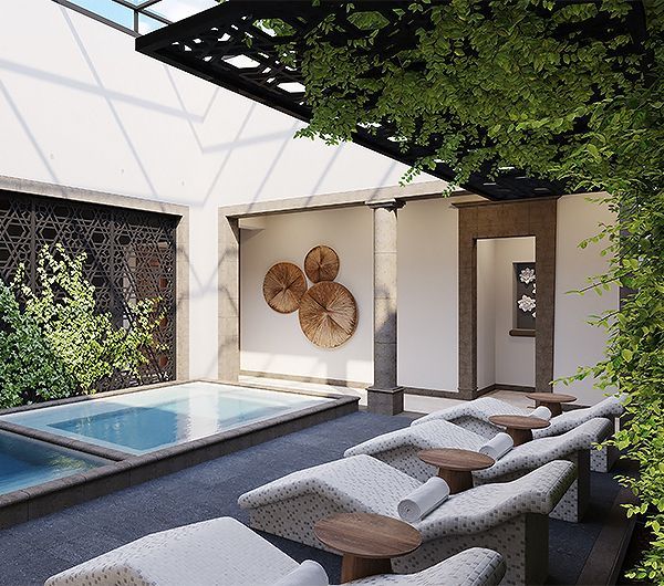 Modern patio with a small pool, cushioned loungers, and a leafy pergola under a white canopy