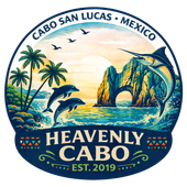 Heavenly Cabo logo with palm trees, ocean waves, dolphins, and rocky cliffs in Cabo San Lucas, Mexico