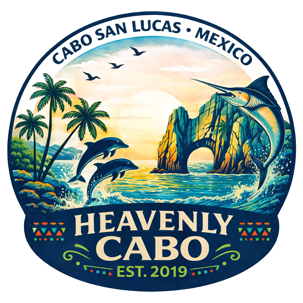 Heavenly Cabo logo with palm trees, ocean waves, dolphins, and rocky cliffs in Cabo San Lucas, Mexico