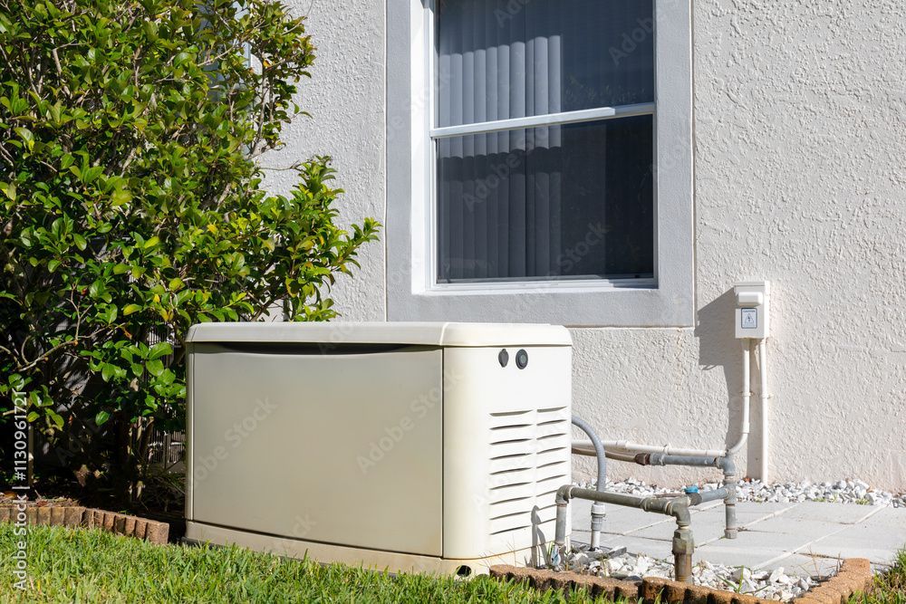 Beige standby generator beside a house, near a window and shrubbery.