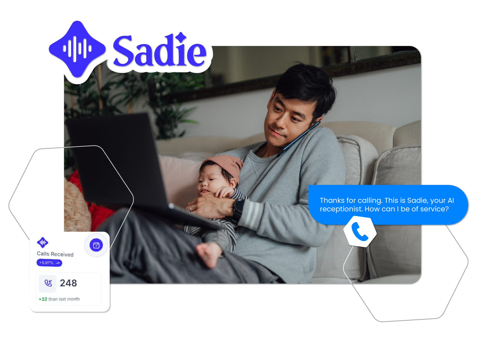 Sadie logo with a man and baby on a couch, plus a scheduling app screenshot and a blue chat bubble