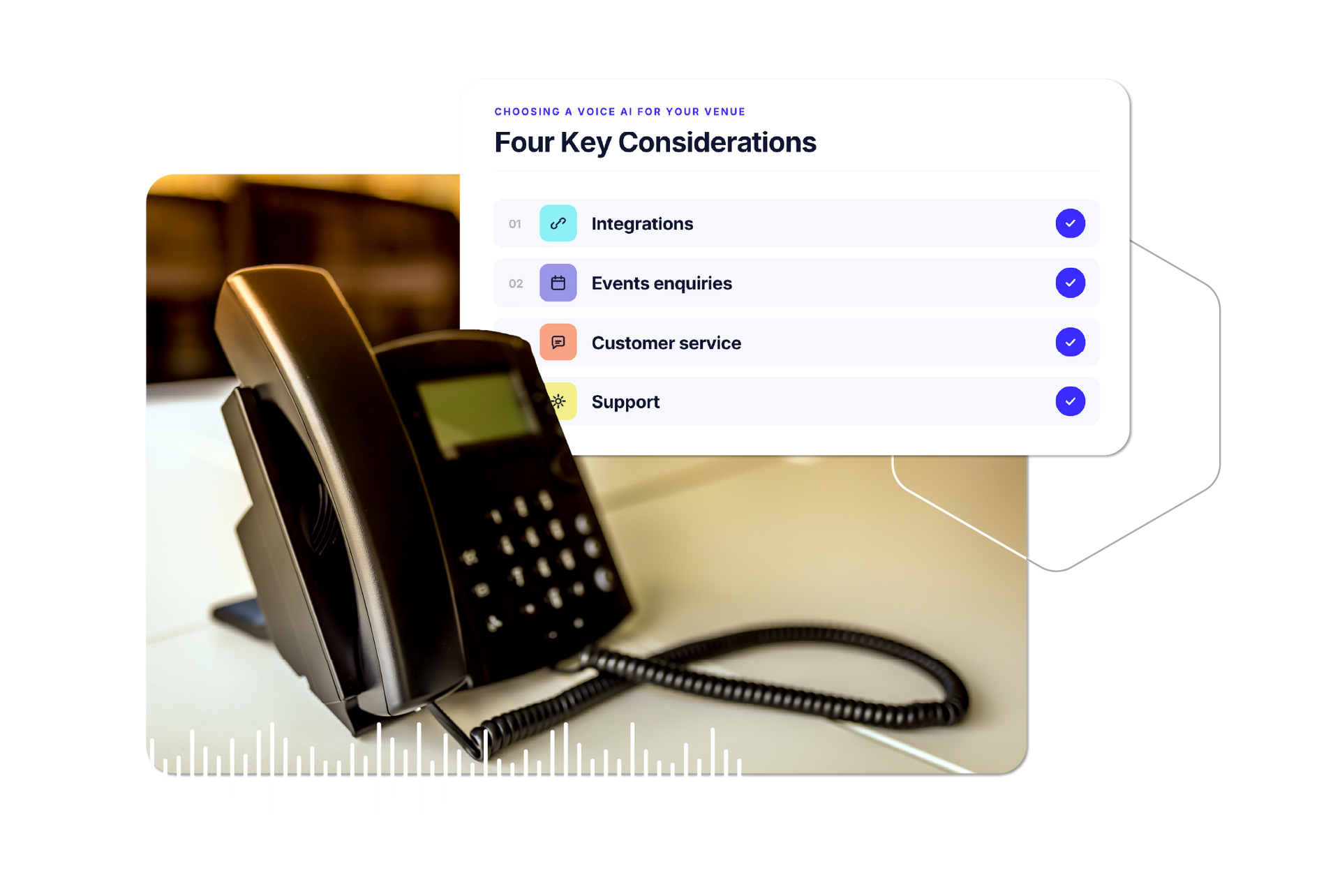 Desk phone with callout showing four key considerations: office setup, contact registration, call center service, support.