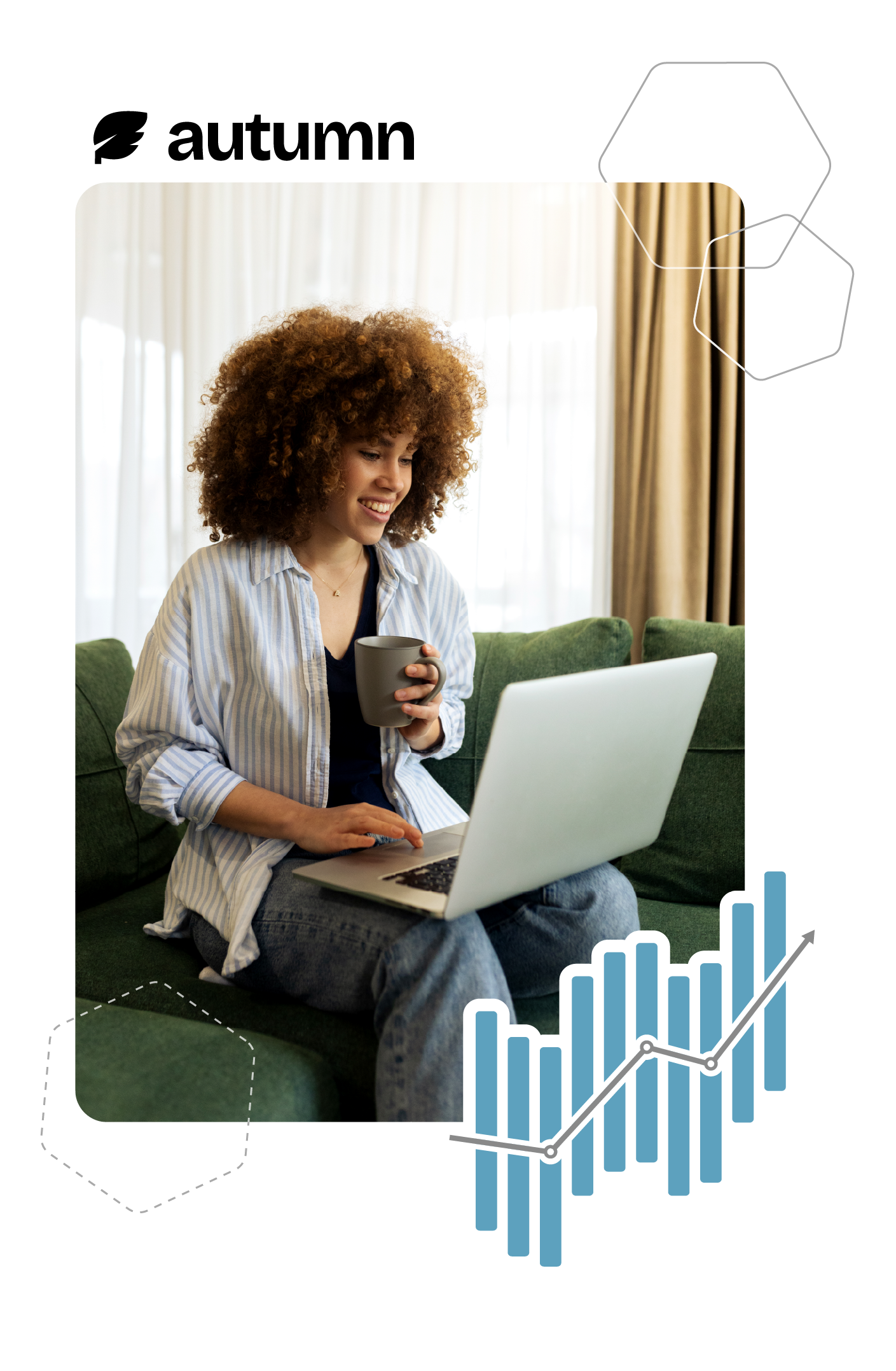 Person with curly hair using a laptop and holding a mug on a couch, with the Autumn logo and blue chart graphic