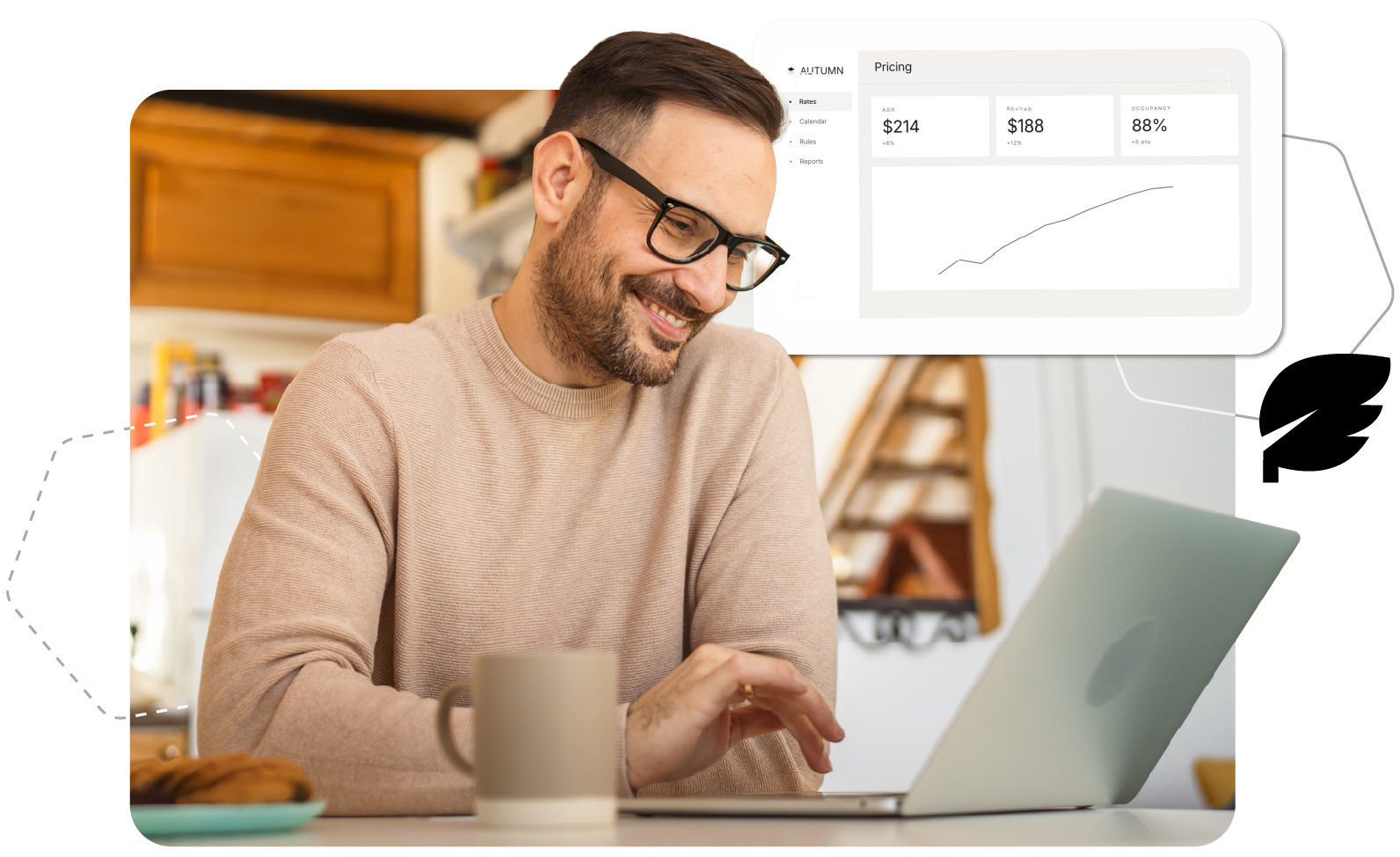 Man smiling at a laptop in a bright home office, with a mug and analytics chart overlay
