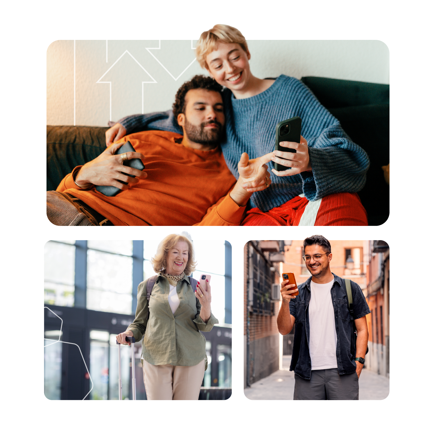 Three people holding smartphones, smiling indoors and outdoors in modern casual settings