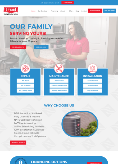 Bryant HVAC website: family serving customers, service options, financing available.