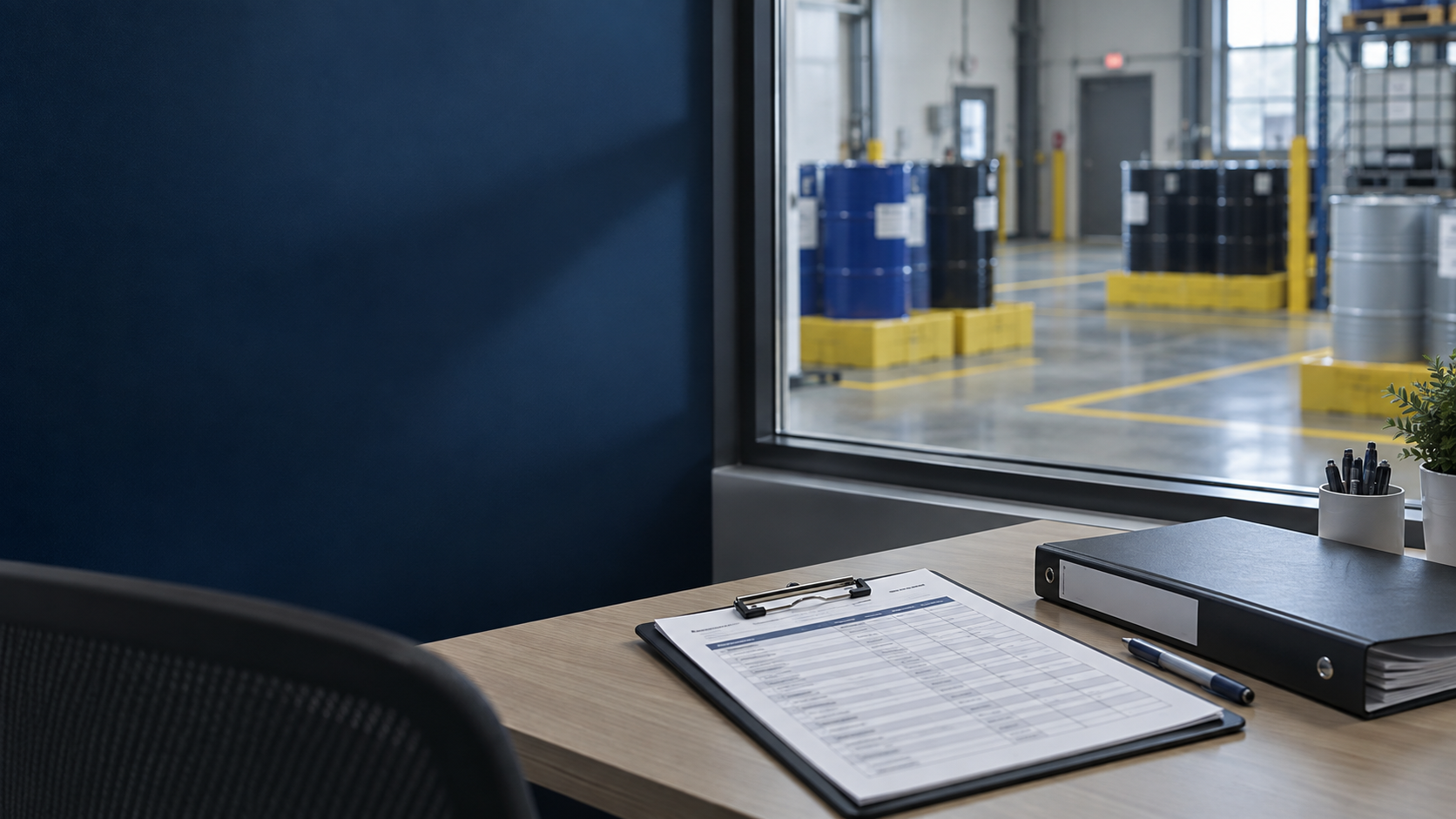 Chemical inventory clipboard beside an interior window overlooking closed industrial drums.