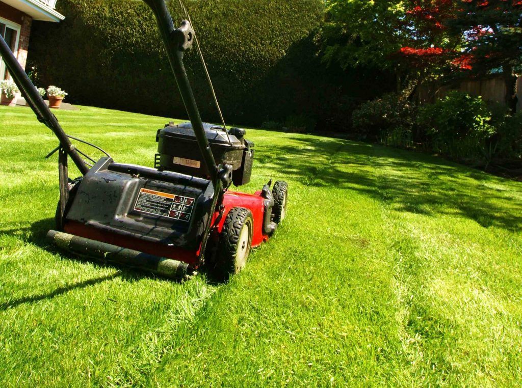 A red lawn mower is cutting a lush green lawn.