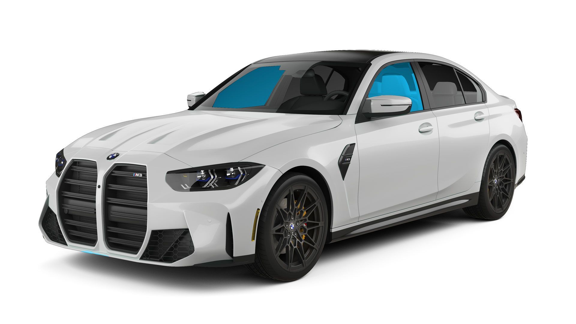 A white bmw m3 is shown on a white background.