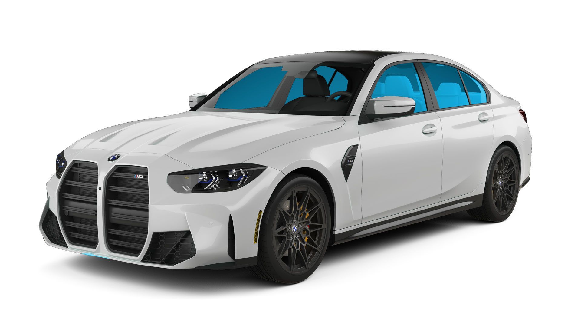 A white bmw m3 is shown on a white background.