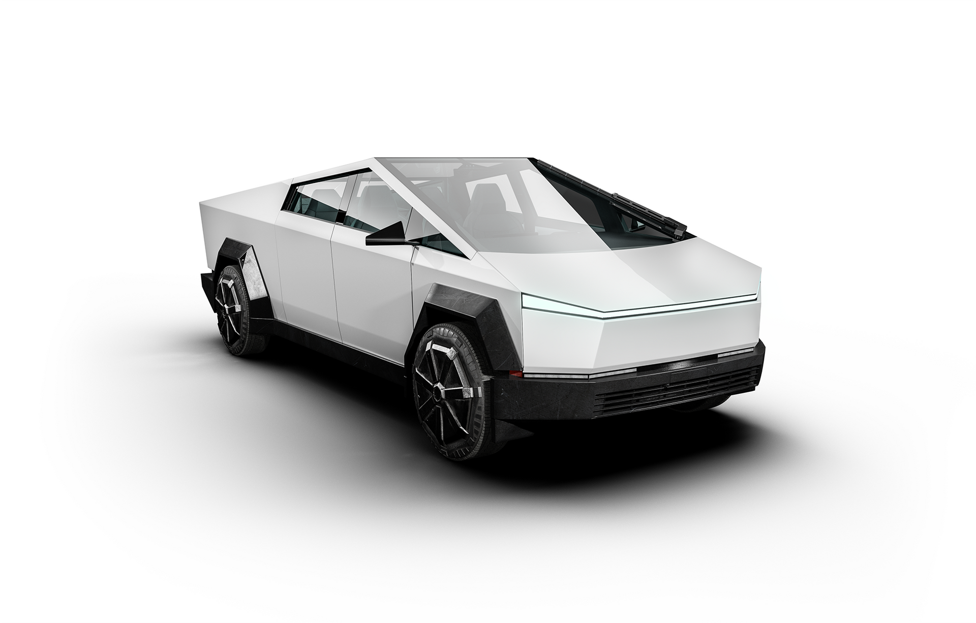 A tesla cybertruck is shown from the side on a white background.