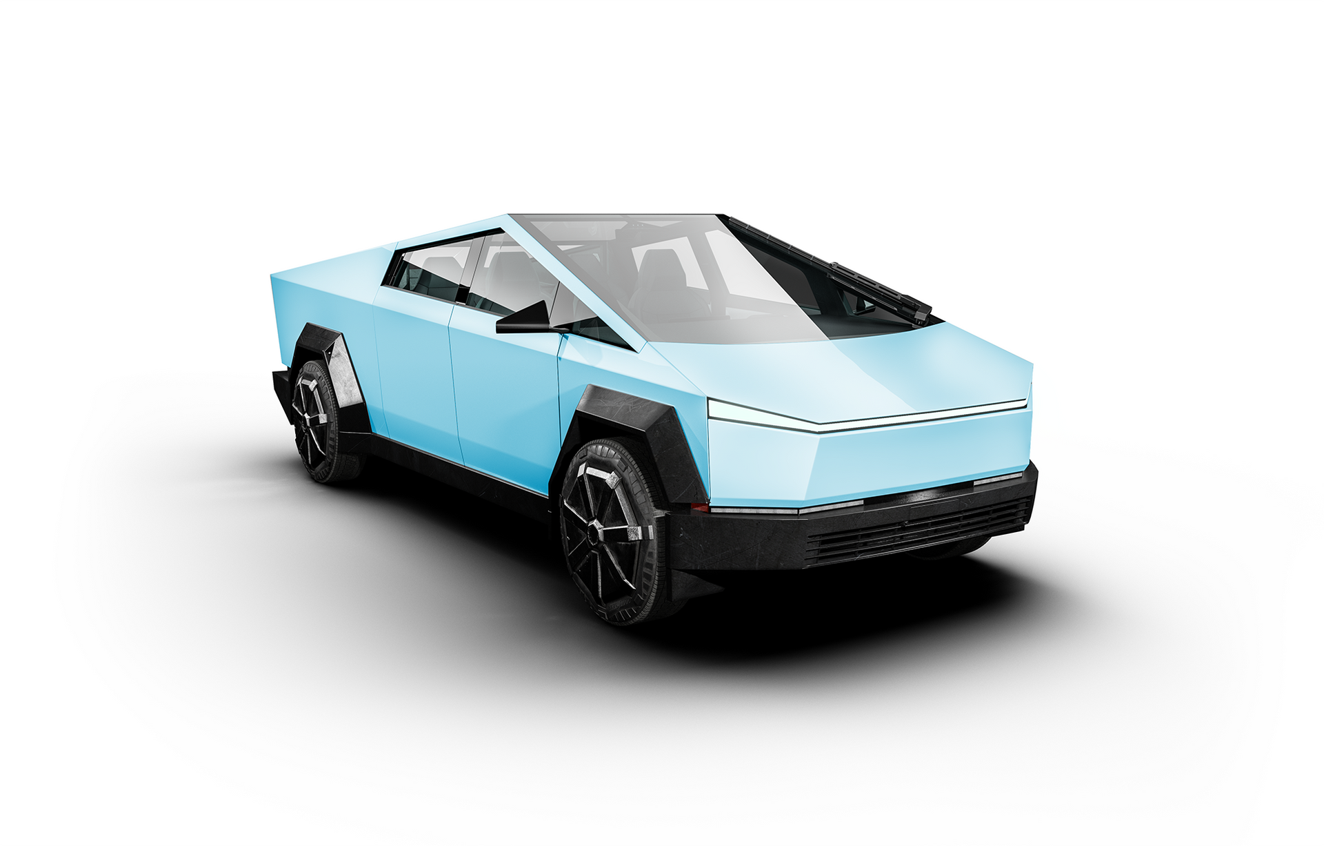 A purple and green tesla cybertruck is sitting on a white background.