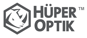 A black and white logo for a company called hüper optik