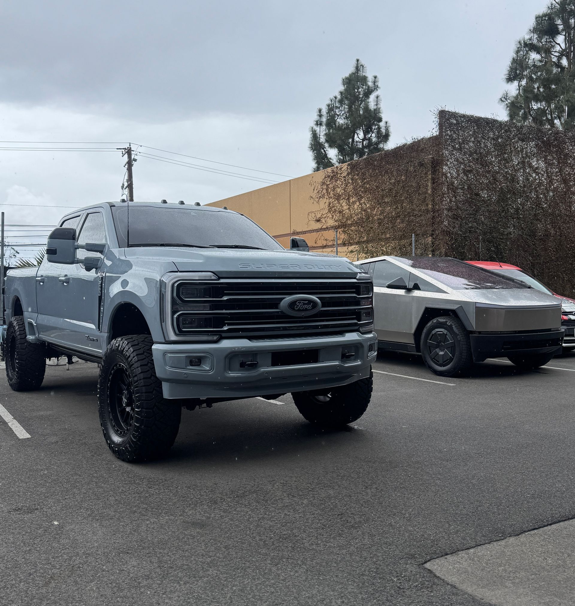 Gray Ford truck and Tesla Cybertruck parked on a street. Overcast day.