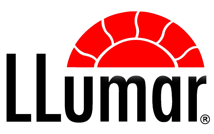A logo for llumar with a red sun in the middle