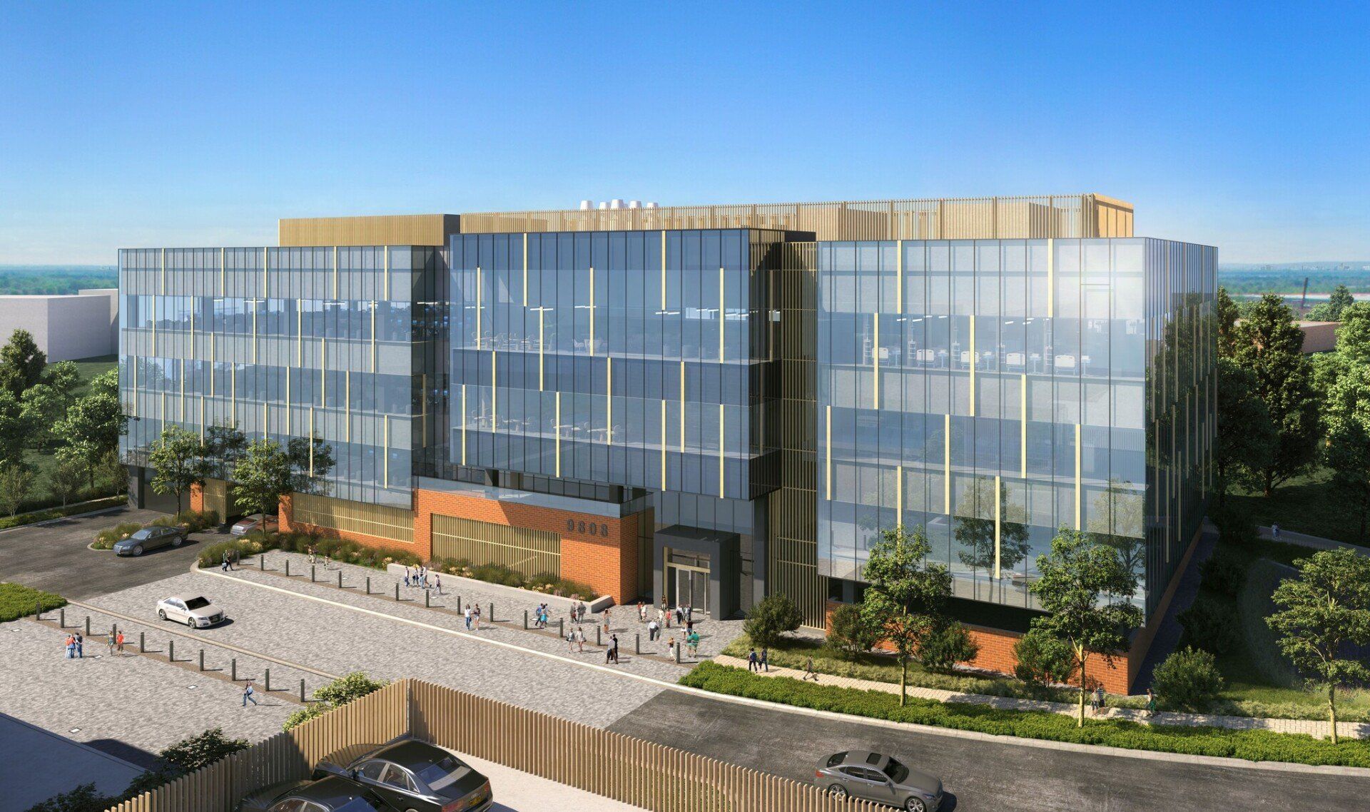an artist 's impression of a large glass building with cars parked in front of it .