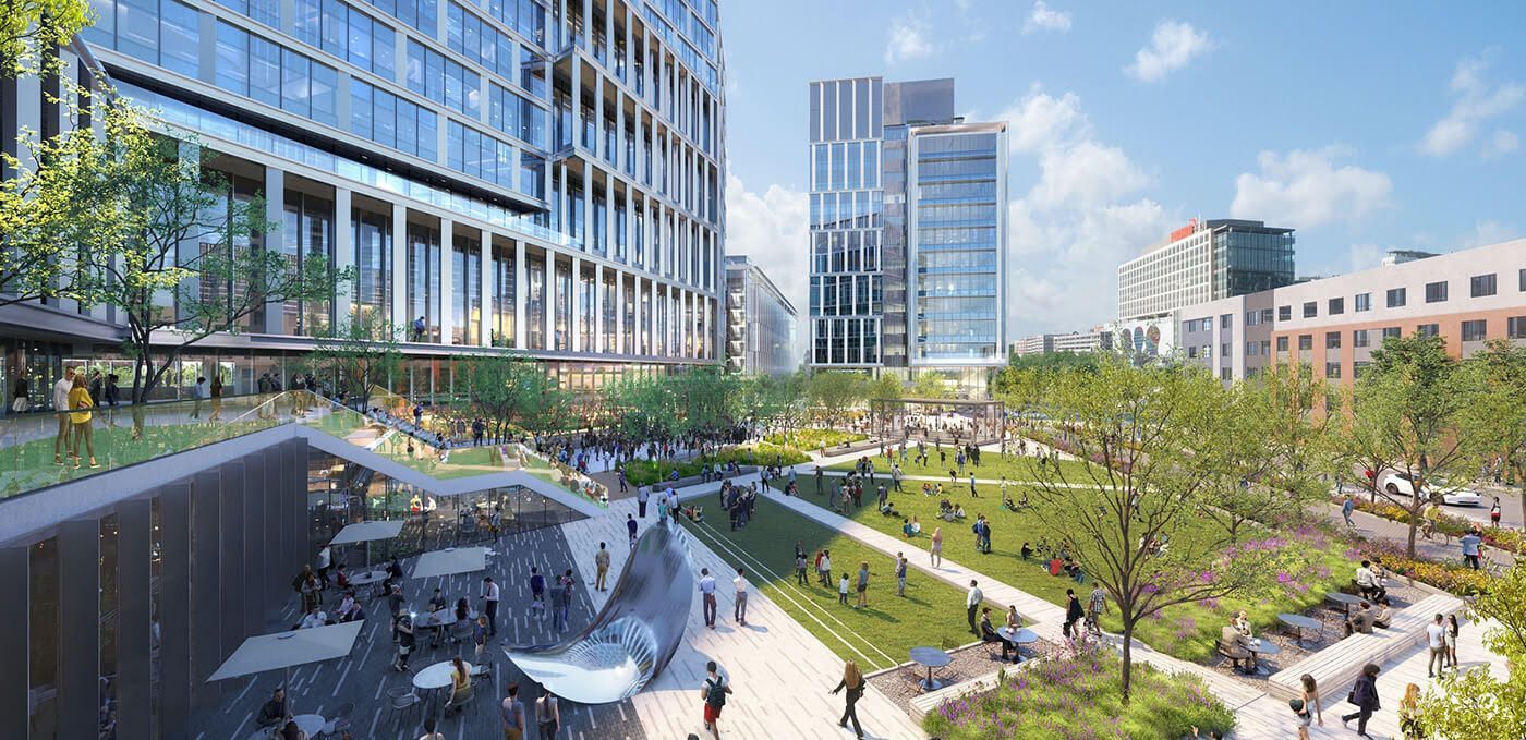 an artist 's impression of a park surrounded by tall buildings in a city .