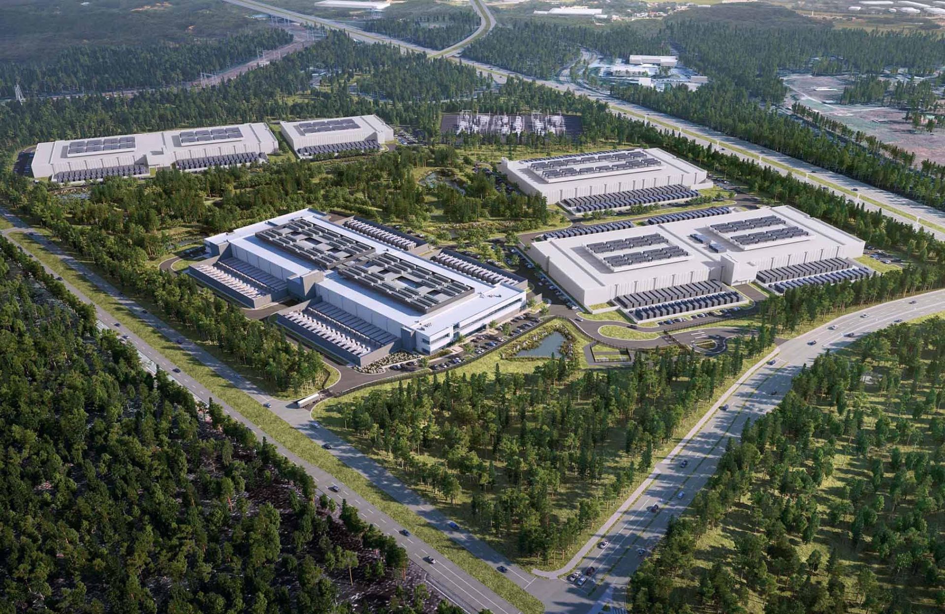 An aerial view of a large building with a lot of parking spaces