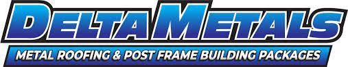 A logo for deltametals metal roofing and post frame building packages