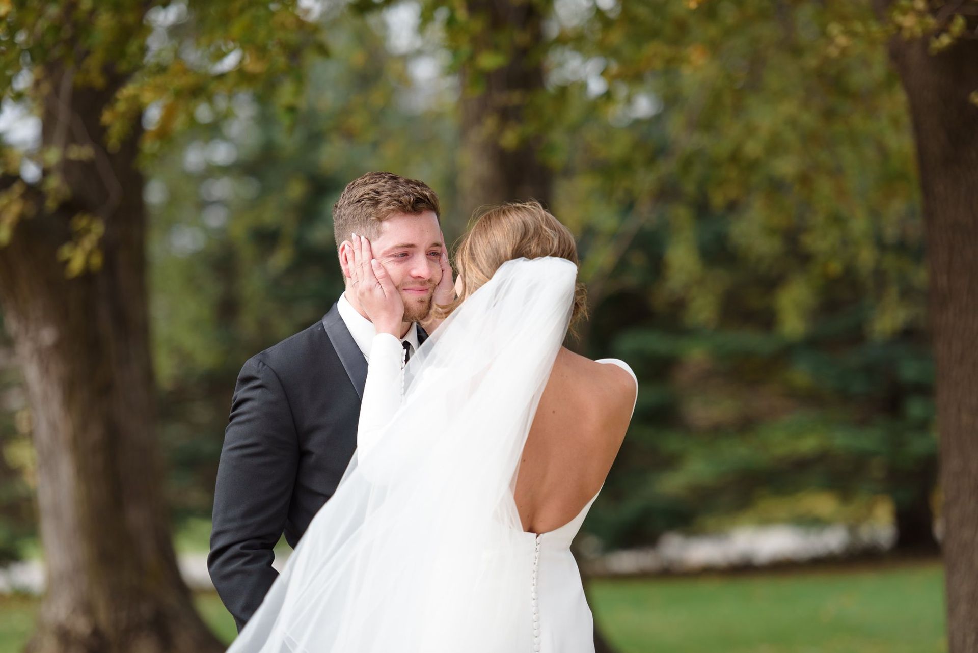 Groom touching bride's face, veil billowing, in formal wear, outdoors with trees in the background.