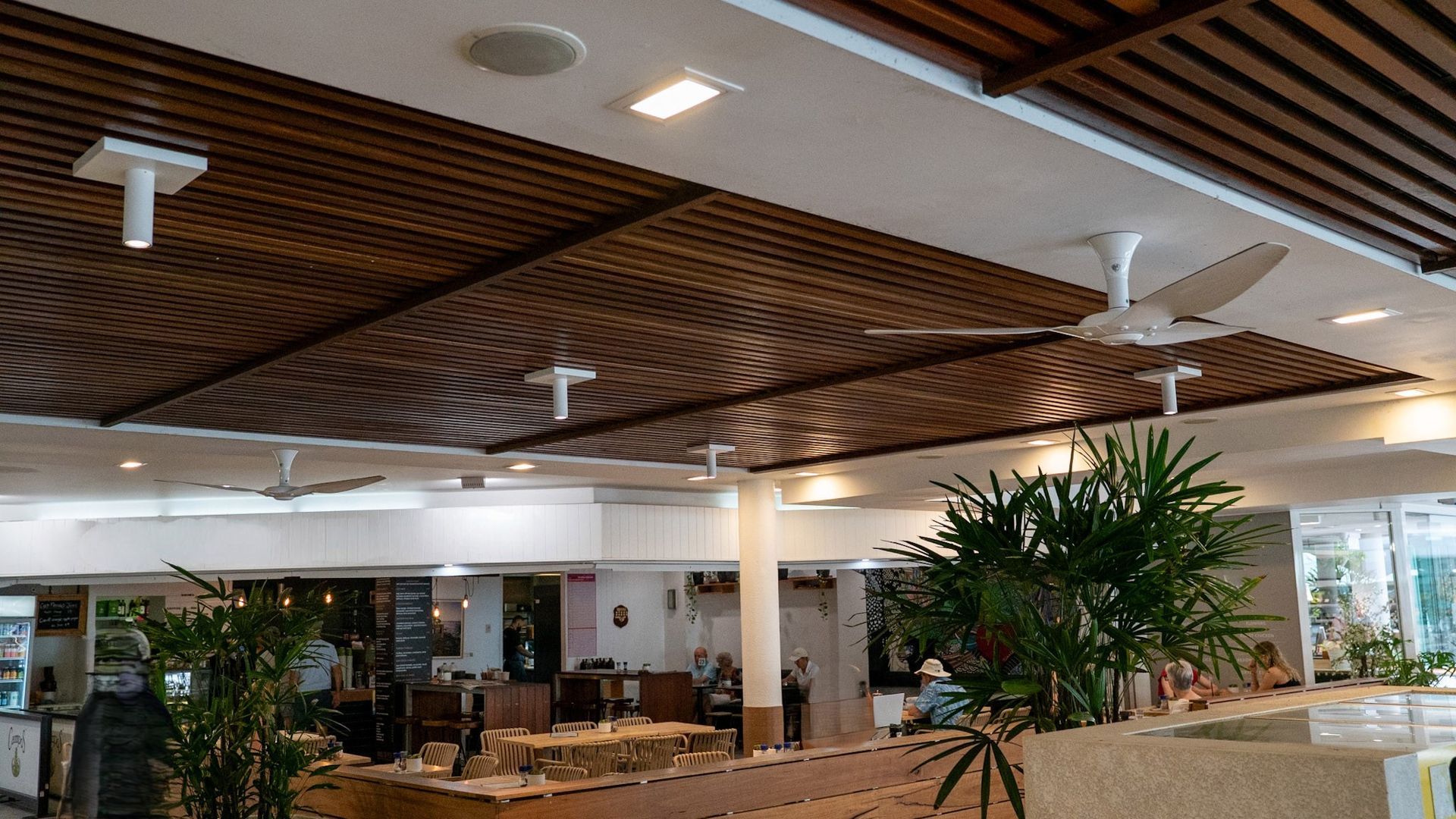 Modern Office Lobby with Wood Slat Ceiling, White Columns, Lounge Seating, and A Large Potted Plant — Ralph Ottmann Electrical in Pomona, QLD