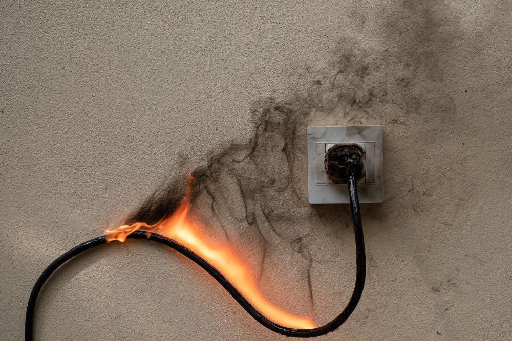 Burning Electrical Cord and Outlet on a Wall, With Flames and Smoke — Ralph Ottmann Electrical in Pomona, QLD