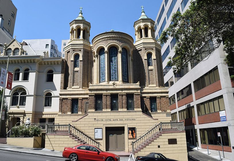 Notre Dame des Victoires church exterior, current color photograph