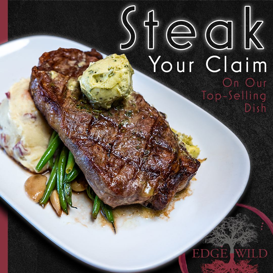 A steak on a white plate with green beans and mashed potatoes