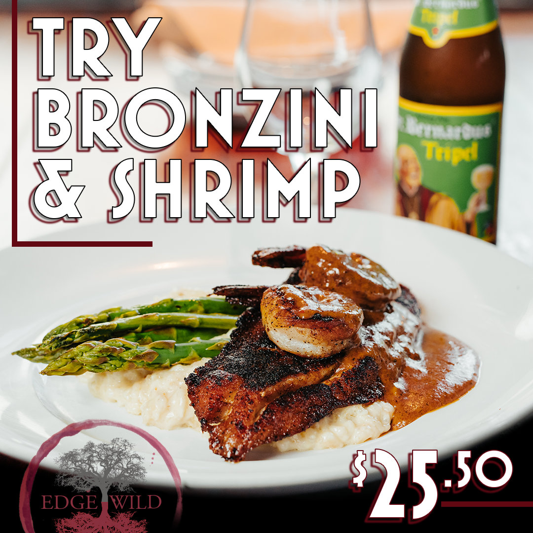 A plate of food with the words try bronzini & shrimp on it
