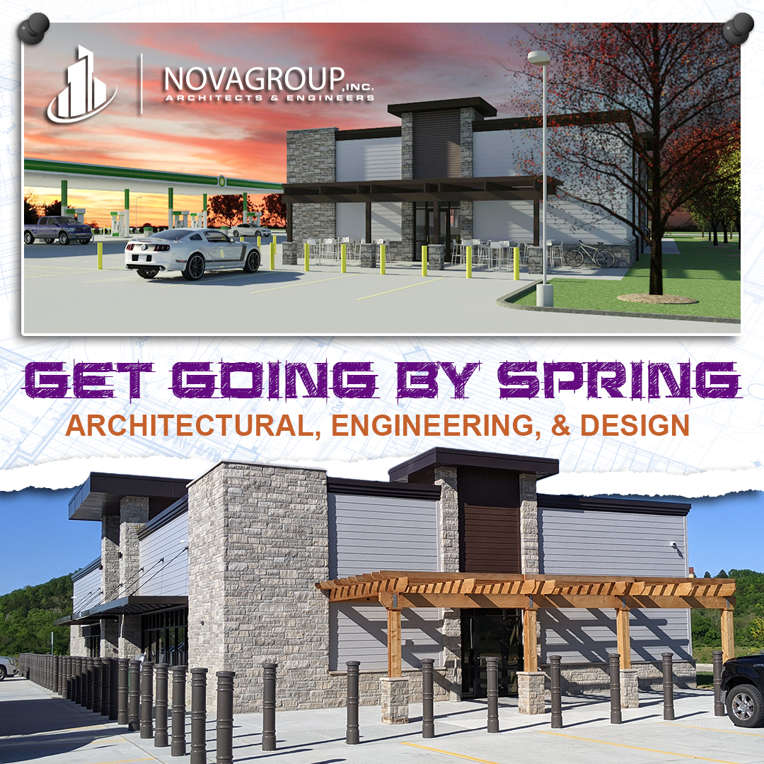 A picture of a building with the words get going by spring architectural engineering and design