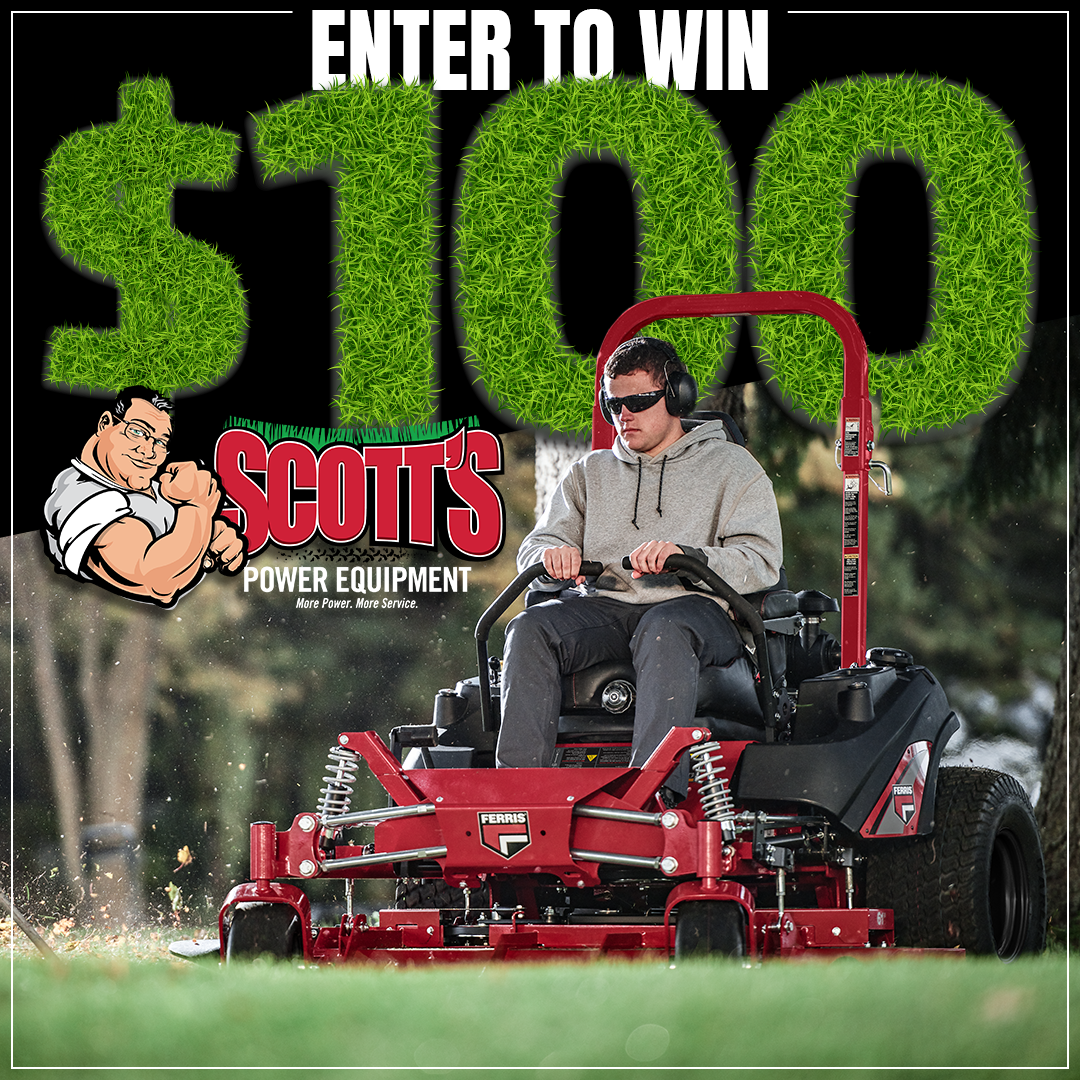 A man is sitting on a scott 's lawn mower