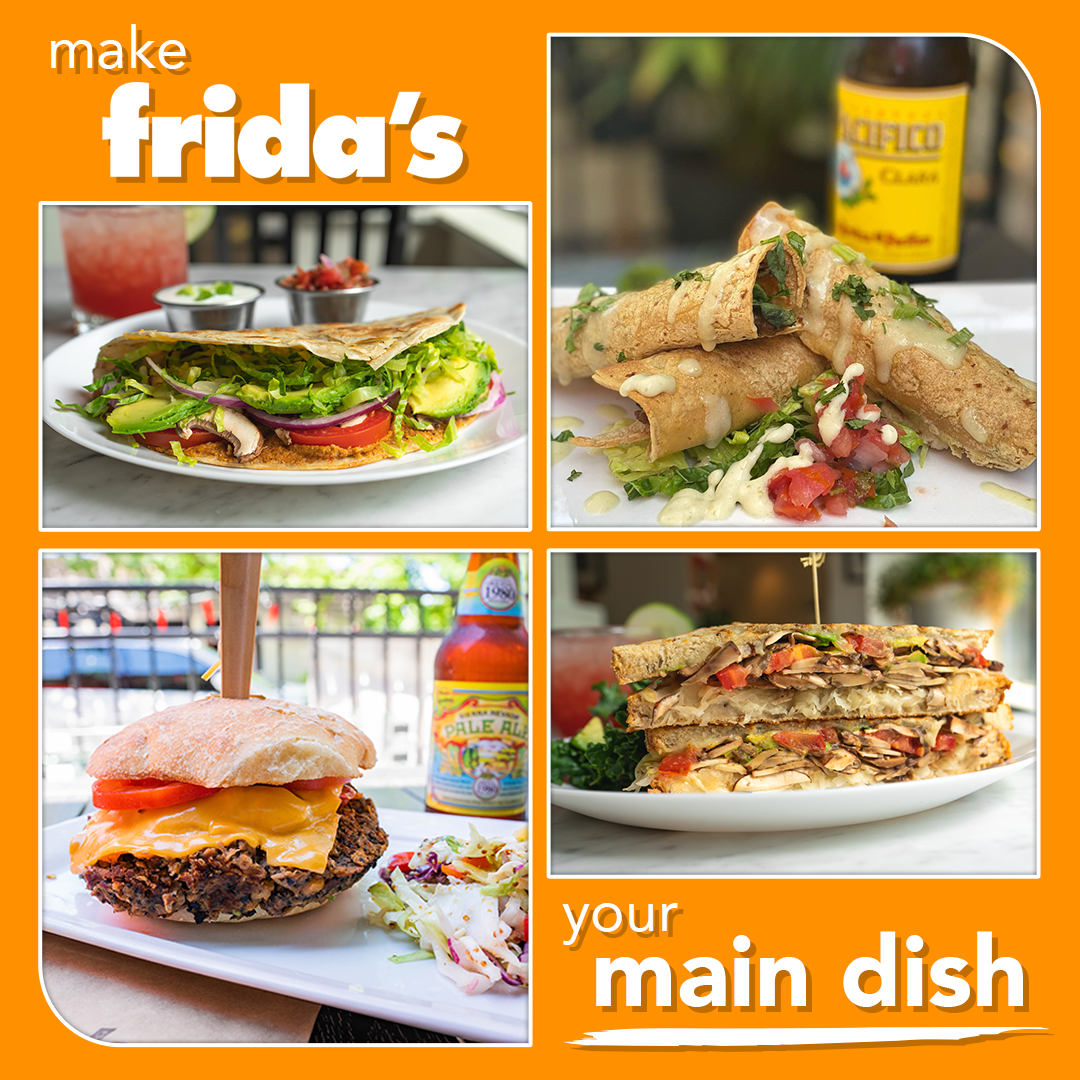 A collage of four pictures of food with the words make frida 's your main dish