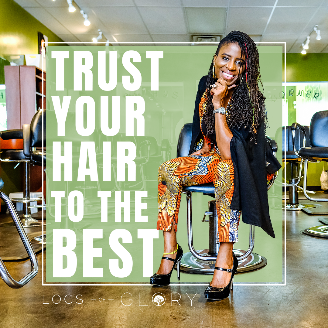 A woman is sitting in a chair with the words trust your hair to the best