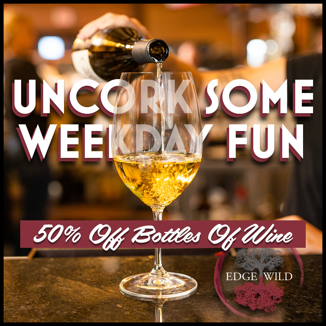 A person pouring wine into a glass with the words uncork some weekday fun