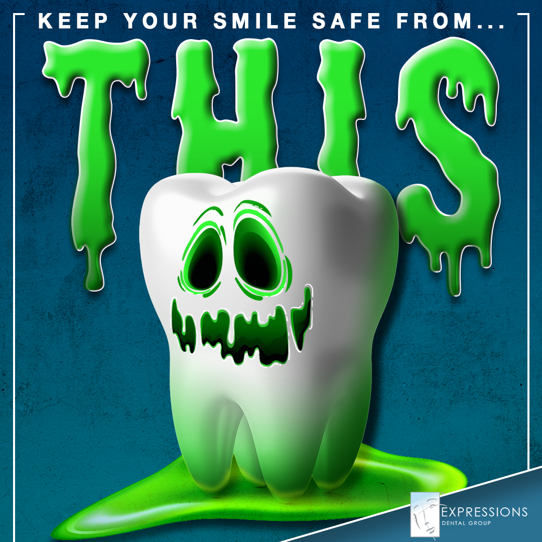 A picture of a tooth with green letters that say this
