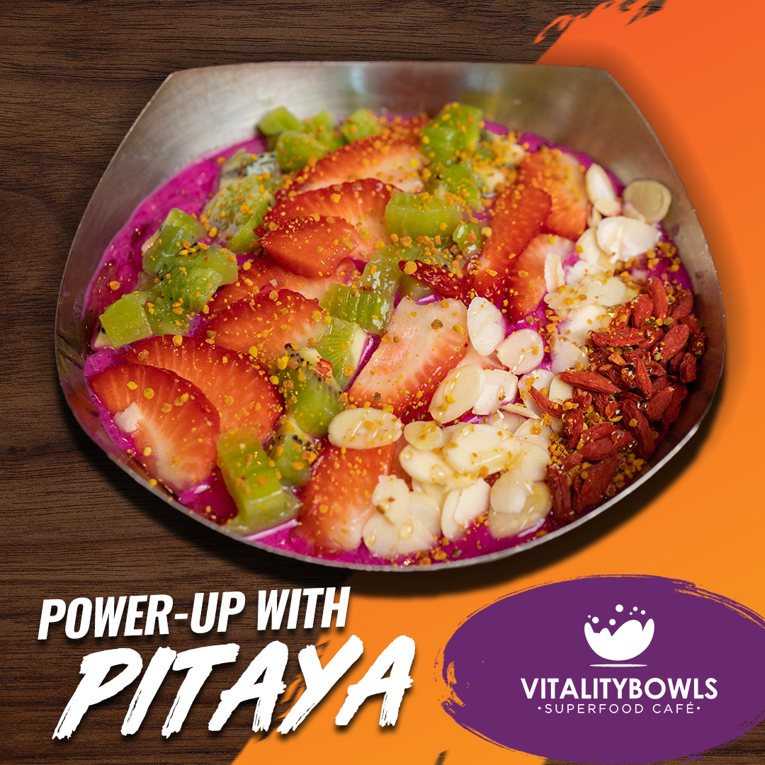 A bowl of food with the words power up with pitaya on it