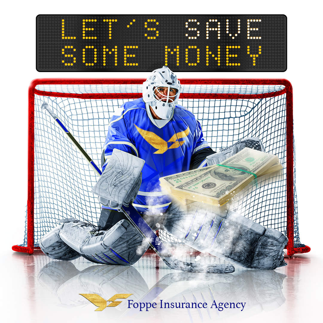 A hockey goalie is holding a stack of money in front of a sign that says let 's save some money