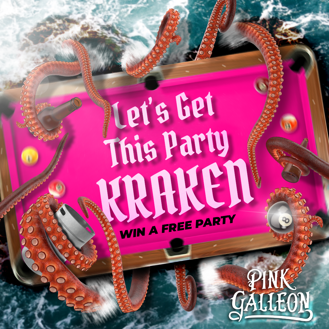 A poster featuring a pool table and octopus tentacles that says let 's get this party kraken