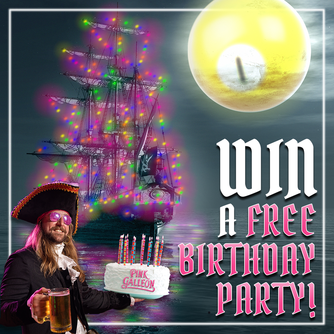 A man in a pirate costume is holding a birthday cake and a beer mug.