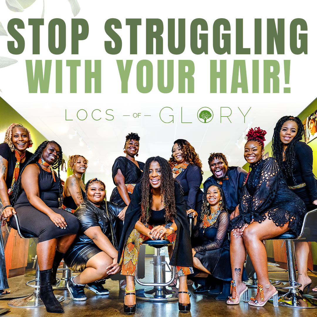 A group of women are sitting on stools in front of a sign that says stop struggling with your hair.