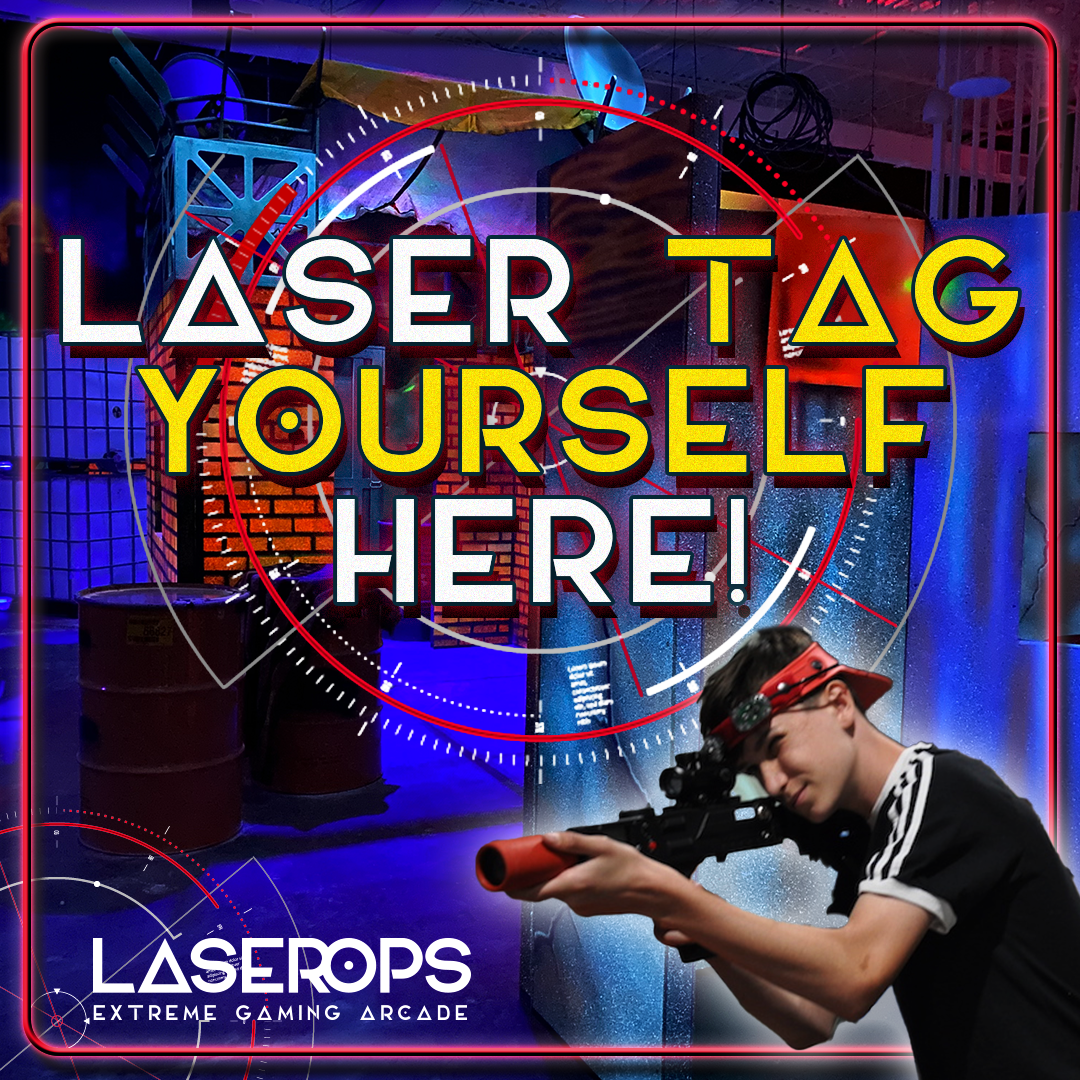 An ad for a laser tag facility featuring a young model