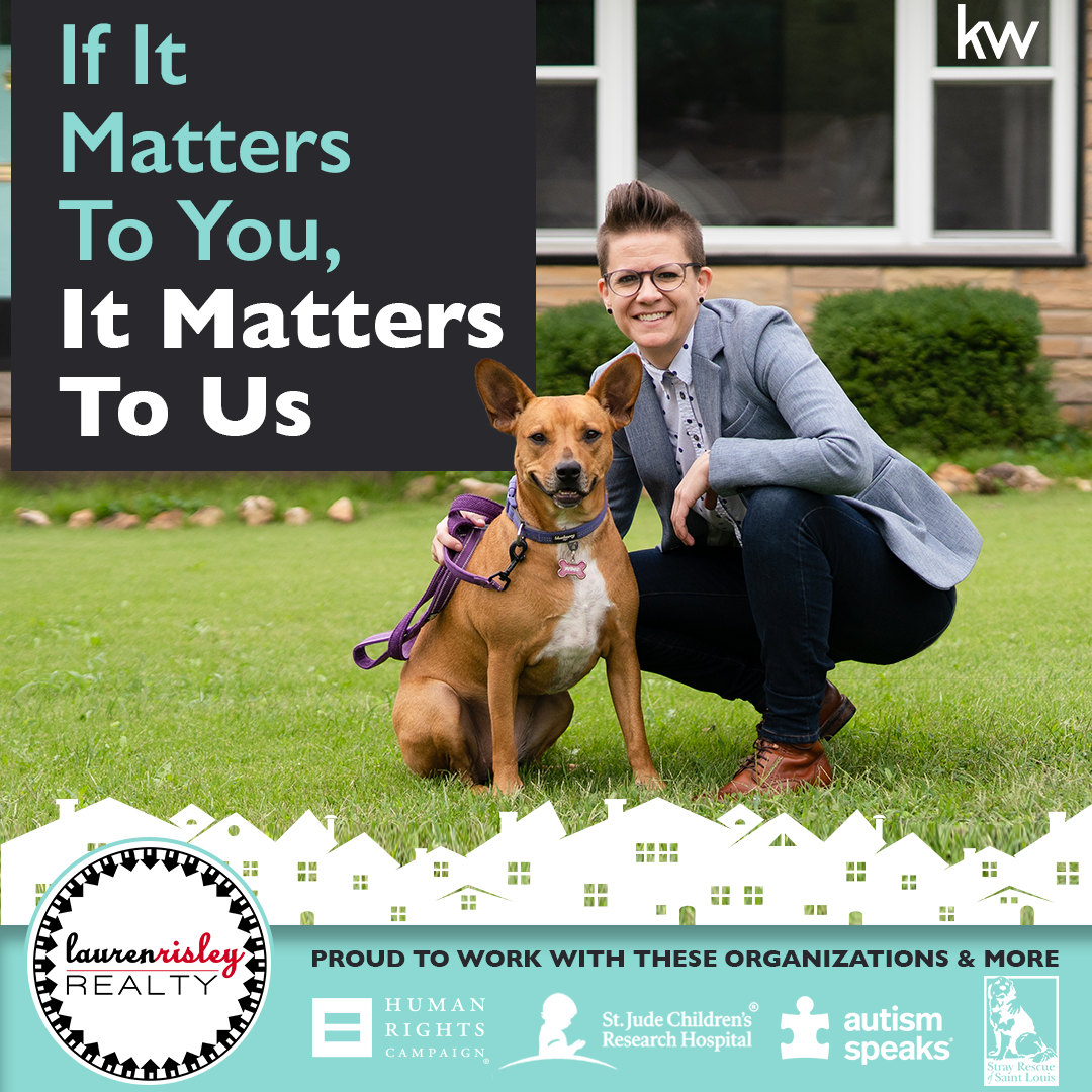A man is kneeling down next to a dog that says if it matters to you it matters to us