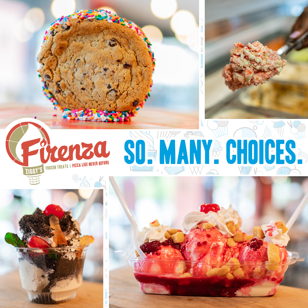 A collage of pictures of different desserts with the words firenza so many choices