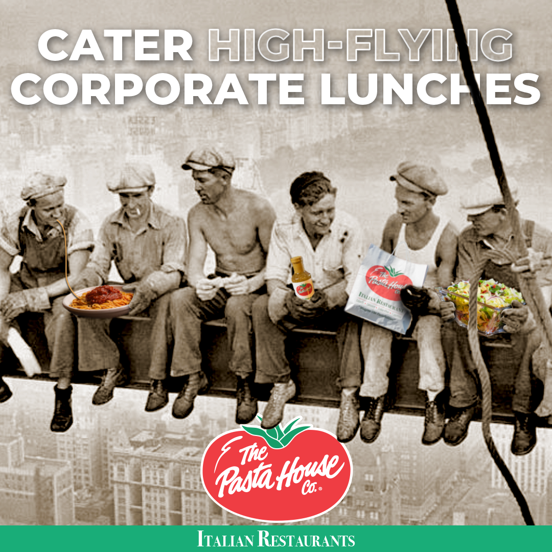 A group of men are sitting on a ledge eating food from the pasta house