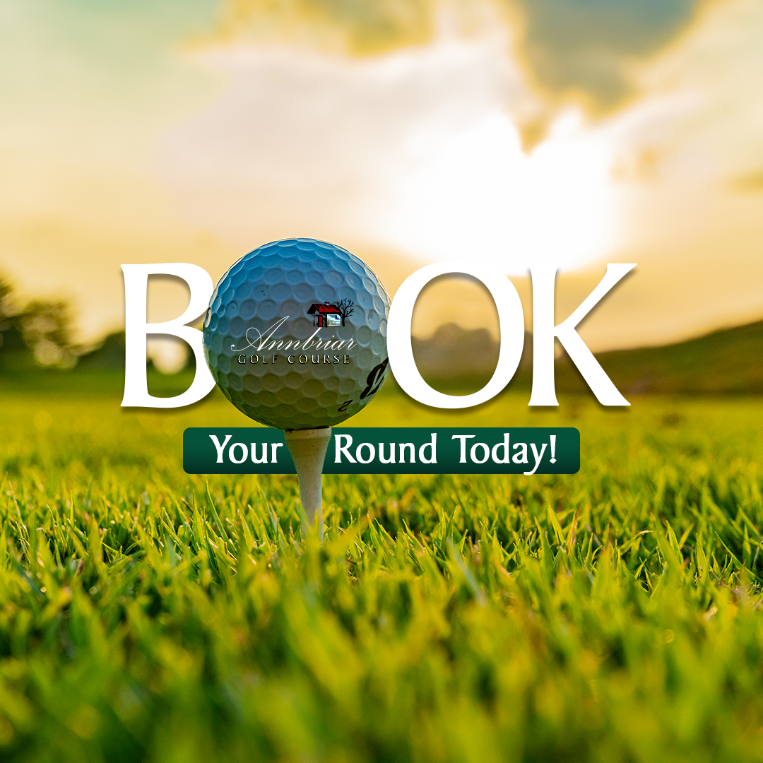 A golf ball on a tee with the words book your round today