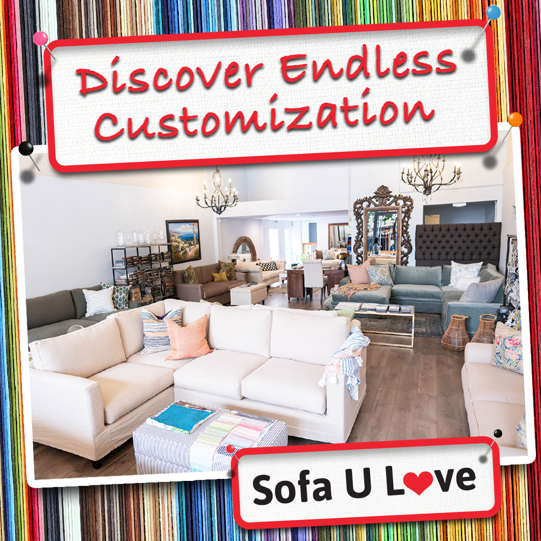 A living room filled with furniture and a sign that says `` discover endless customization ''.