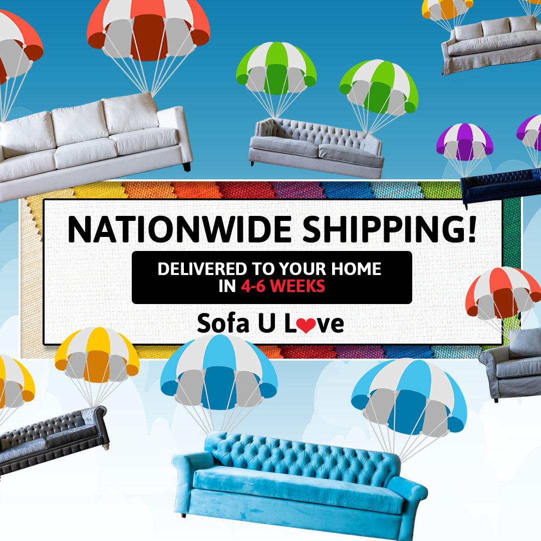 A couch is surrounded by parachutes that say nationwide shipping