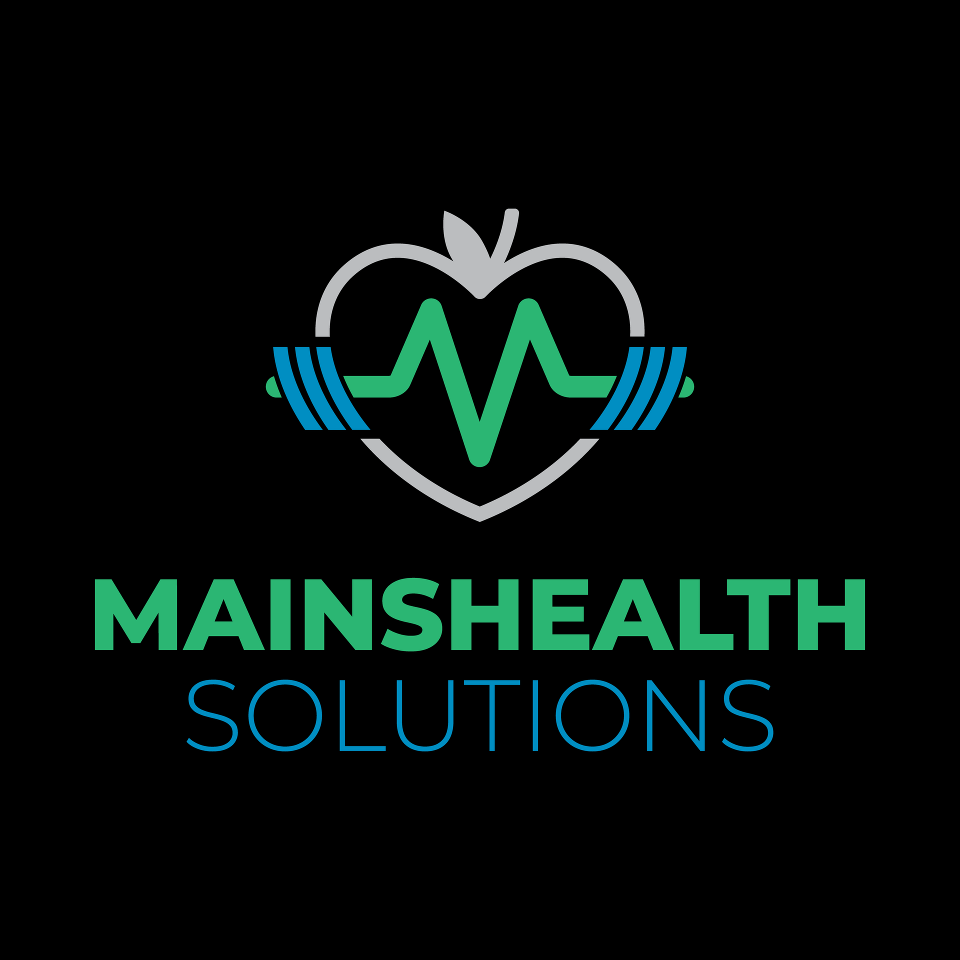 MainsHealth Solutions logo with a heart and ECG line in teal and green on a black background
