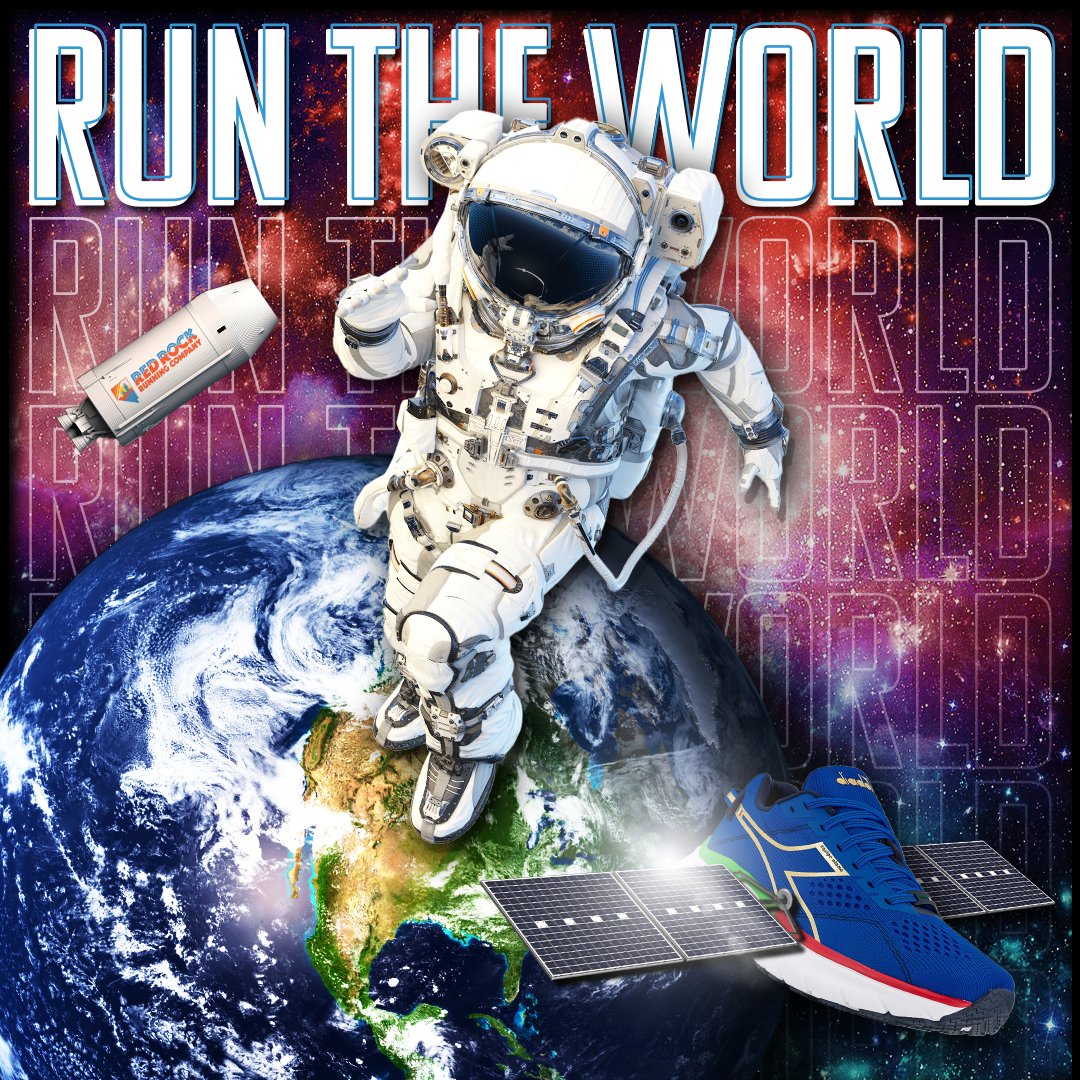 An astronaut is flying over the earth on a poster that says run the world.