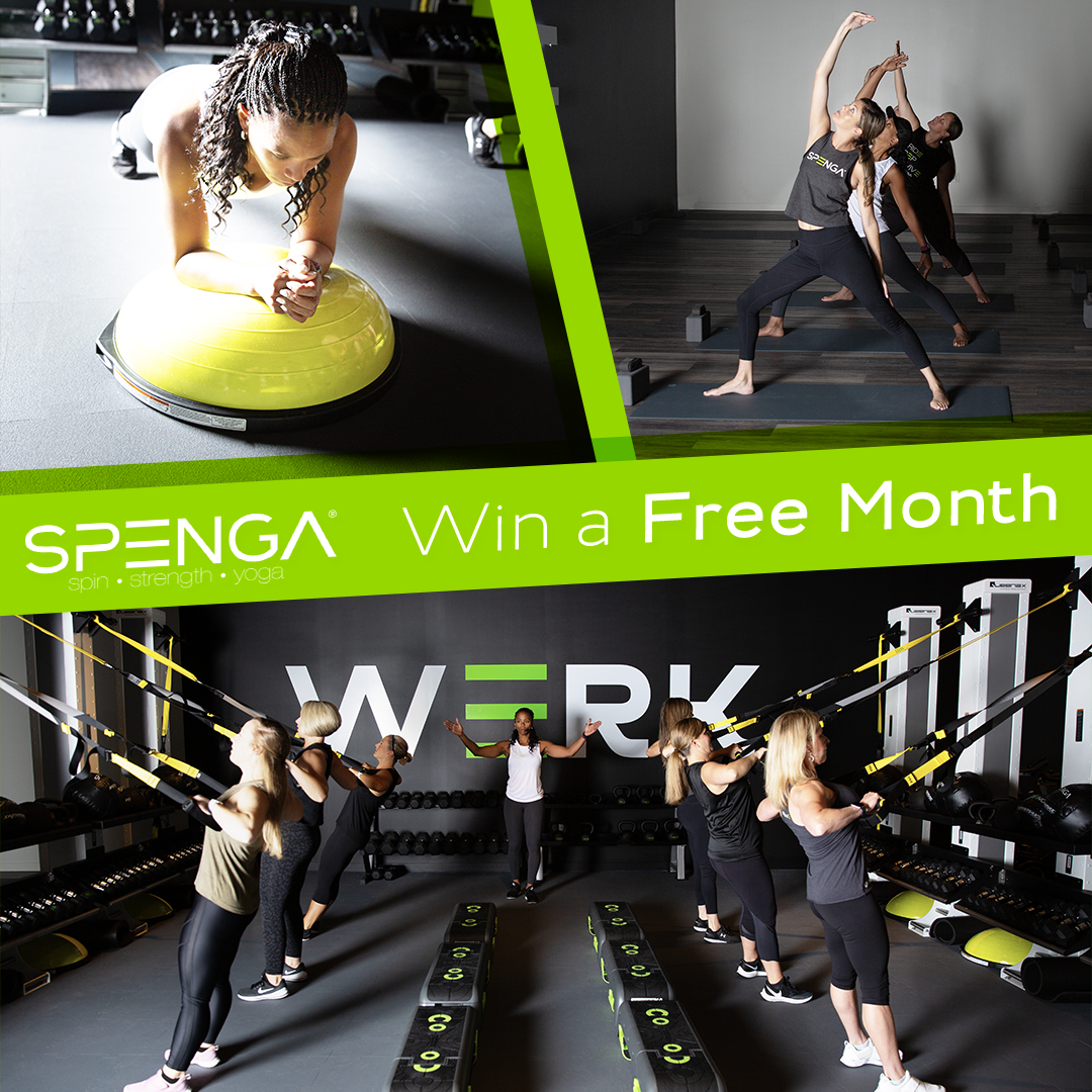 A group of people are doing exercises in a gym sponsored by spenga